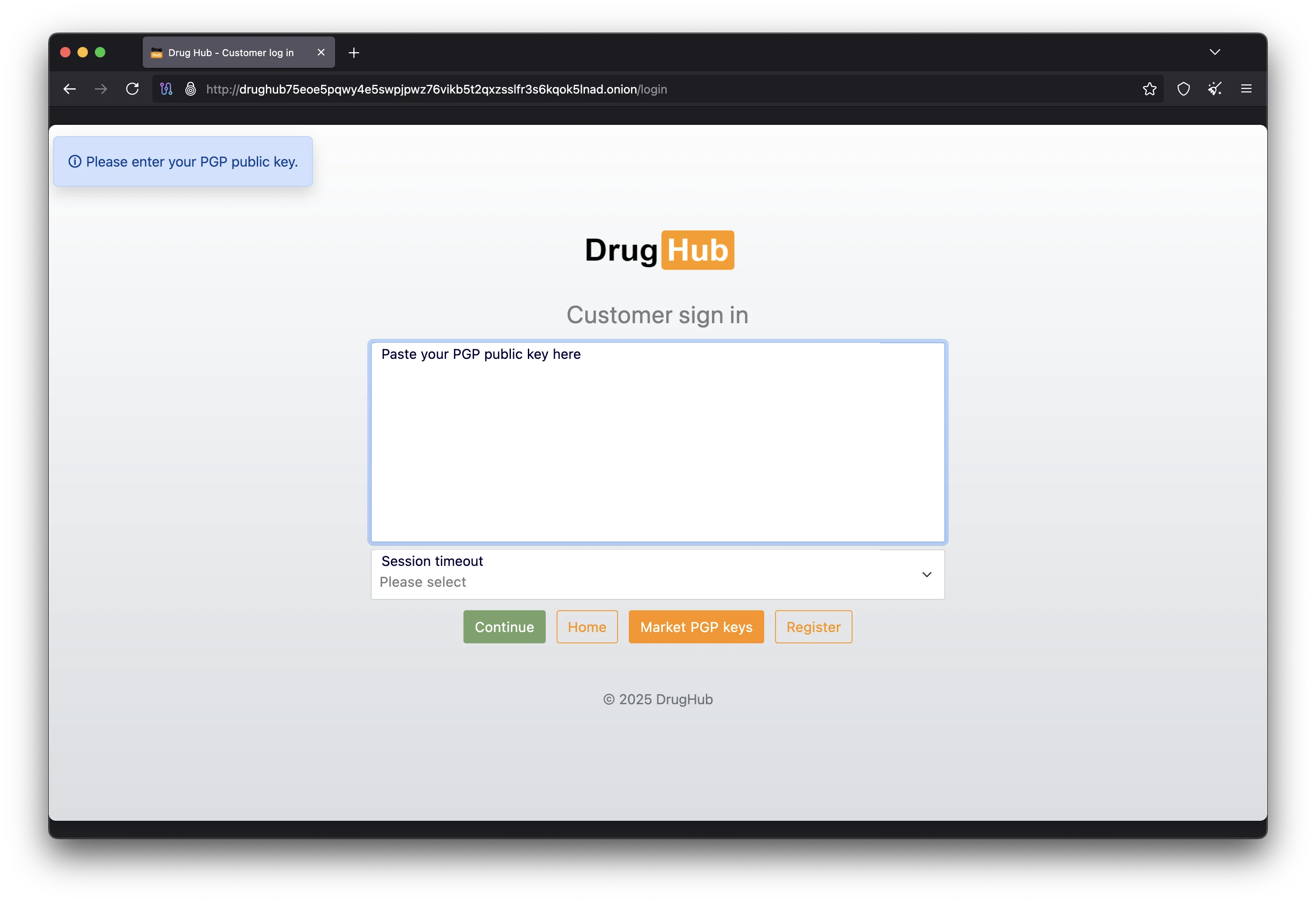 DrugHub Market verified vendor profile page with ratings and PGP key 2026